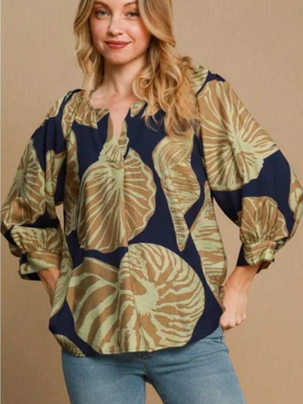 Umgee Abstract Leaf Print Blouse